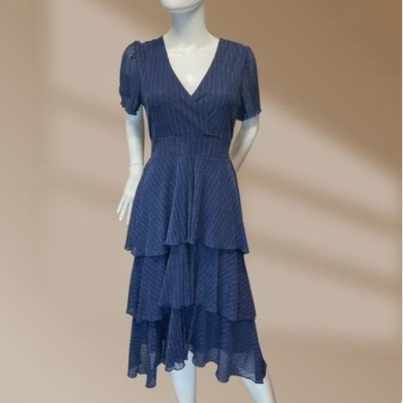 Siren Lily Dresses & Skirts - Siren Lily Navy Silver Threading Sparkle V-Neck Tiered Dress 3X Short Sleeve